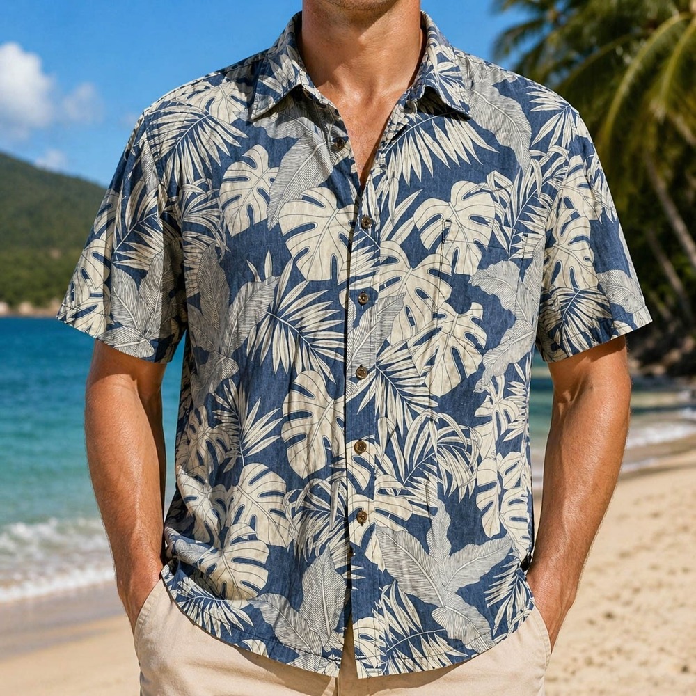 Cooke Street Hawaiian Aloha Shirt Large Tropical Leaves Reverse Print Blue Tan